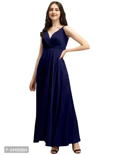 Inez Women's V-Neck Solid Crepe Maxi Dress (Dark Blue) Size:-Medium-thumb0