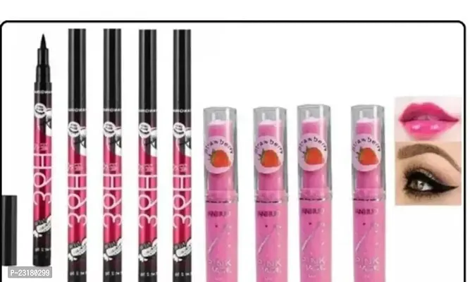 36H Black Made With Waterproof Eyeliner Pen- Pack Of 4 And Strawberry Lip Balm Magic Pink- Pack Of 4