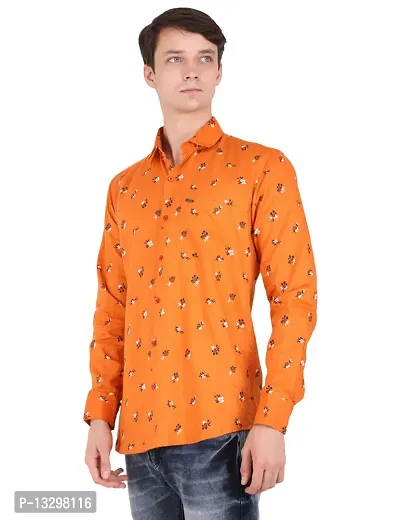 Men Printed Formal Orange With Big Flowers Shirt