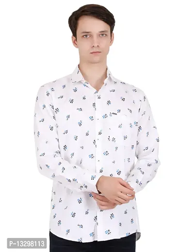 Men Printed Formal White With Big Flowers Shirt