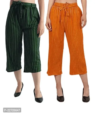 Pixie Striped Culottes / Palazzo / Pant / Cropped Trouser with Pocket and Belt for Women / Girls Combo (Pack of 2) - Green and Mustard