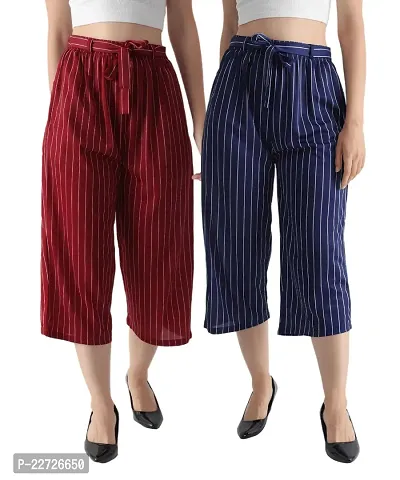 Pixie Striped Culottes / Palazzo / Pant / Cropped Trouser with Pocket and Belt for Women / Girls Combo (Pack of 2) - Maroon and Navy Blue
