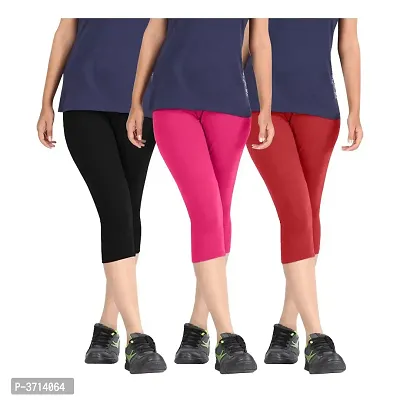Women's Cotton Lycra Biowashed Capri Leggings Combo Pack of 3 (Black, Pink ,Red)