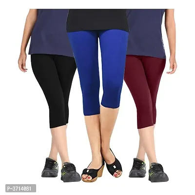 Women's Cotton Lycra Biowashed Capri Leggings Combo Pack of 3 (Black, Blue ,Maroon)