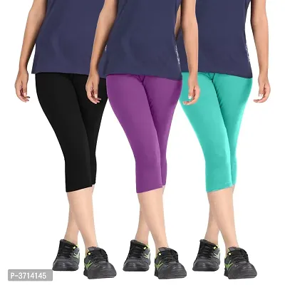 Women's Cotton Lycra Biowashed Capri Leggings Combo Pack of 3 (Black, Purple ,Turquoise)