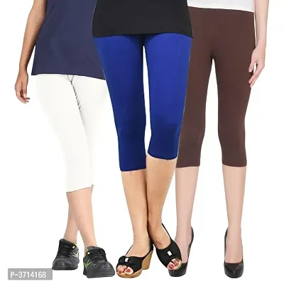 Women's Cotton Lycra Biowashed Capri Leggings Combo Pack of 3 (White, Blue ,Brown)