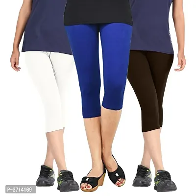 Women's Cotton Lycra Biowashed Capri Leggings Combo Pack of 3 (White, Blue ,Dark Brown)