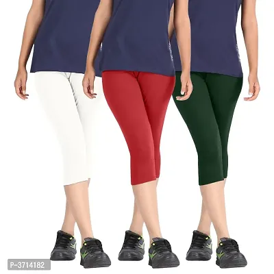 Women's Cotton Lycra Biowashed Capri Leggings Combo Pack of 3 (White, Red ,Dark Green)