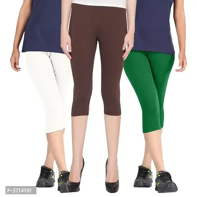 Women's Cotton Lycra Biowashed Capri Leggings Combo Pack of 3 (White, Brown ,Green)