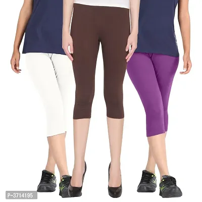 Women's Cotton Lycra Biowashed Capri Leggings Combo Pack of 3 (White, Brown ,Purple)