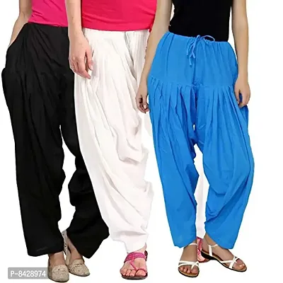 Pixie Readymade Cotton Patiala Salwar Pants for Women/Girls Bottom Combo Pack of 3 (Black, White and Sky Blue) Free Size-thumb0