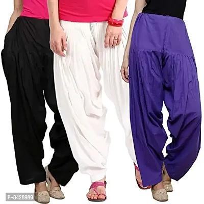 Pixie Readymade Cotton Patiala Salwar Pants for Women/Girls Bottom Combo Pack of 3 (Black, White and Blue) Free Size