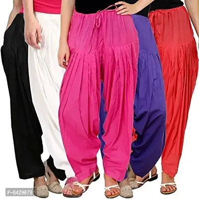 Pixie Readymade Plain Traditional Cotton Comfort Punjabi Patiala Salwar Pants for Women Bottoms Combo Pack of 5 - Free Size