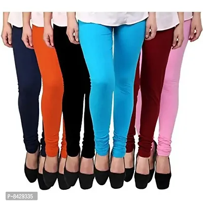 Pixie Women's/Girls Cotton Lycra 4 Way Stretchable Churidar Soft Leggings Combo (Pack of 6) Navy Blue, Orange, Black, Maroon, Baby Pink, Sky Blue - Free Size