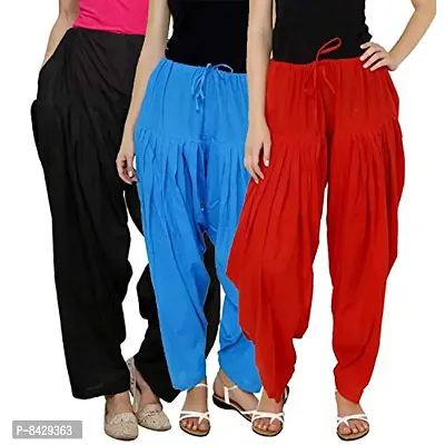 Pixie Readymade Plain Traditional Cotton Comfort Punjabi Patiala Salwar Pants for Women Bottoms Combo Pack of 3 (Black,Sky Blue,Red) - Free Size