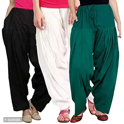 PIXIE lets work together! Women's Cotton Stitched Punjabi Patiala Salwar Pants (PPSAL3BWDG1, Black White Dark Green, Free Size) - Combo Pack of 3