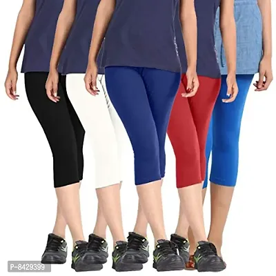 Pixie Super Soft Bio-Washed 220 GSM Capri for Women, 4 Way Stretchable, Combo Pack of 5 (Black, White, Blue, Red and Sky Blue) - Free Size