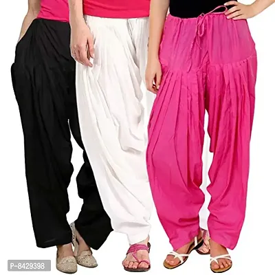 PIXIE Women's Stitched Cotton Punjabi Patiala Salwar Pants (PPSAL3BWP1, Black, White, Pink, Free Size) -Combo Pack of 3