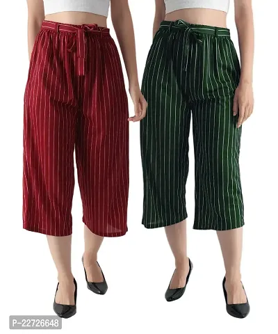 Pixie Striped Culottes / Palazzo / Pant / Cropped Trouser with Pocket and Belt for Women / Girls Combo (Pack of 2) - Maroon and Green-thumb0