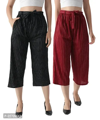 Pixie Striped Culottes / Palazzo / Pant / Cropped Trouser with Pocket and Belt for Women / Girls Combo (Pack of 2) - Black and Maroon-thumb0