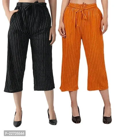 Pixie Striped Culottes / Palazzo / Pant / Cropped Trouser with Pocket and Belt for Women / Girls Combo (Pack of 2) - Black and Mustard