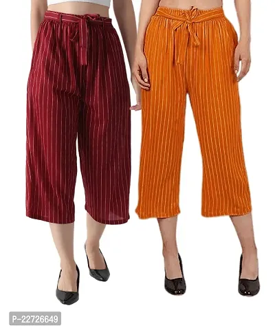 Pixie Striped Culottes / Palazzo / Pant / Cropped Trouser with Pocket and Belt for Women / Girls Combo (Pack of 2) - Maroon and Mustard