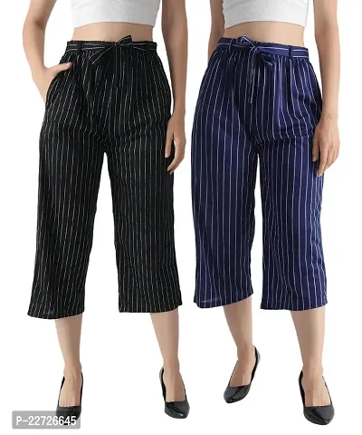 Pixie Striped Culottes / Palazzo / Pant / Cropped Trouser with Pocket and Belt for Women / Girls Combo (Pack of 2) - Black and Navy Blue