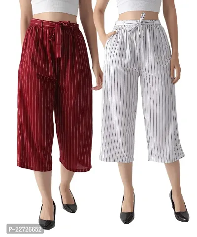 Pixie Striped Culottes / Palazzo / Pant / Cropped Trouser with Pocket and Belt for Women / Girls Combo (Pack of 2) - Maroon and White