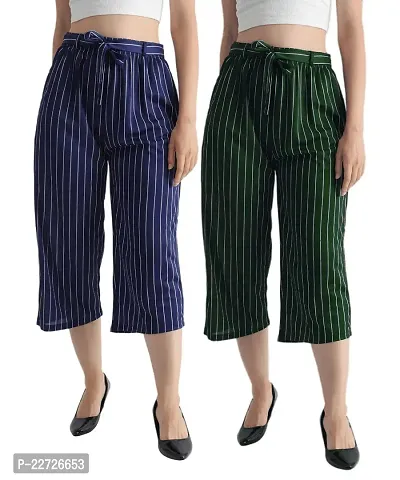 Pixie Striped Culottes / Palazzo / Pant / Cropped Trouser with Pocket and Belt for Women / Girls Combo (Pack of 2) - Navy Blue and Green-thumb0