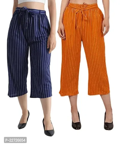Pixie Striped Culottes / Palazzo / Pant / Cropped Trouser with Pocket and Belt for Women / Girls Combo (Pack of 2) - Navy Blue and Mustard