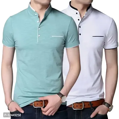Stylish and Handsome Mandarin Collar Half Sleeve T Shirt for men Combo (Pack of 2) Turquoise and White-thumb0