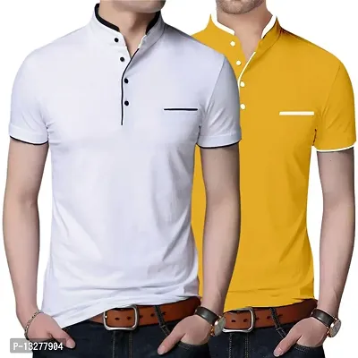 Stylish and Handsome Mandarin Collar Half Sleeve T Shirt for men Combo (Pack of 2) White and Yellow-thumb0