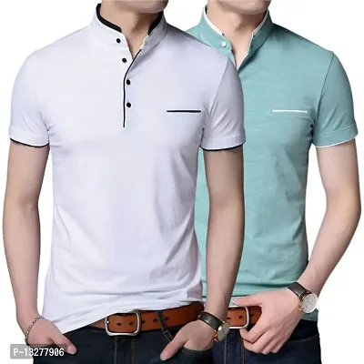 Stylish and Handsome Mandarin Collar Half Sleeve T Shirt for men Combo (Pack of 2) White and SeaGreen