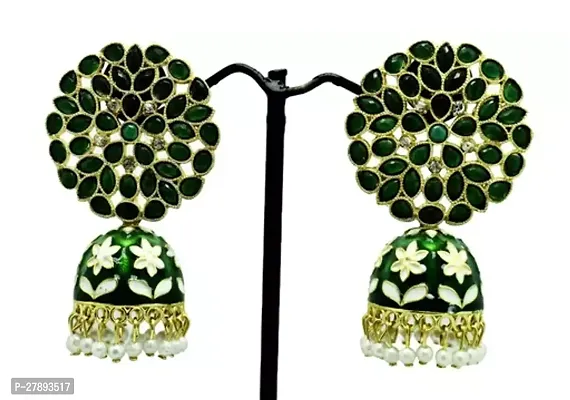 Green Brass Beads Jhumkas Earrings For Women