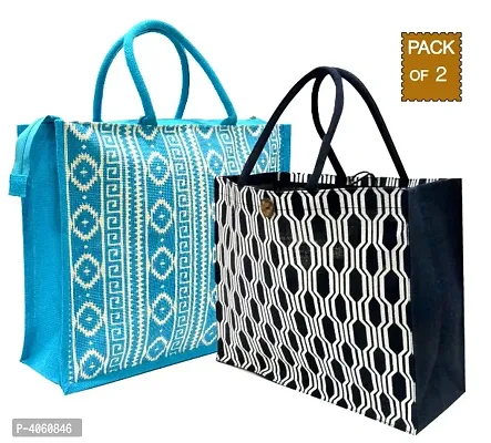 Eco-friendly printed jute bags with padded handles (Pack of 2)