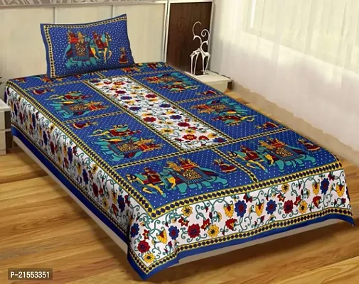 Ashnit 199 TC Cotton Single Jaipuri Printed Flat Bedsheetnbsp;nbsp;Pack of 1 Blue-thumb0