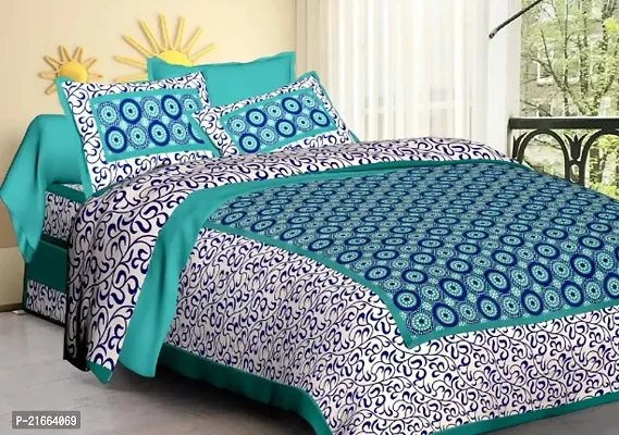 Ashnit 199 TC Cotton Double Jaipuri Printed Flat Bedsheetnbsp;nbsp;Pack of 1 Turquoise-thumb0