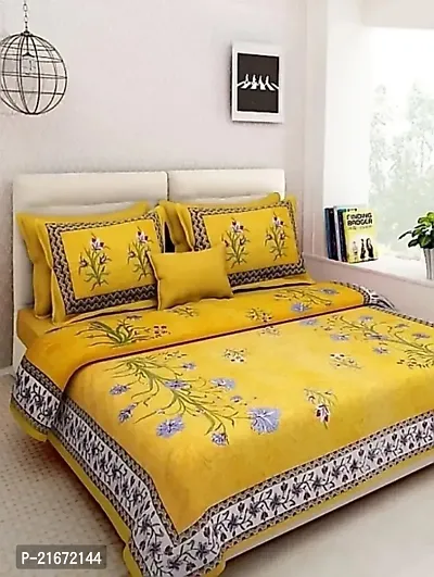Ashnit 199 TC Cotton Double Jaipuri Printed Flat Bedsheetnbsp;nbsp;Pack of 1 Yellow