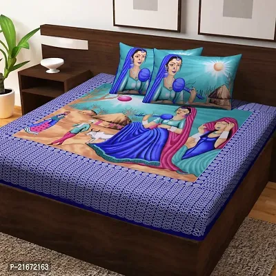 Ashnit 199 TC Cotton Double Jaipuri Printed Flat Bedsheetnbsp;nbsp;Pack of 1 Blue-thumb0