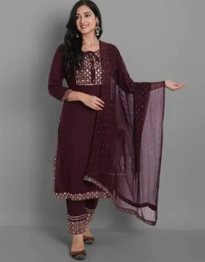 Stylish Rayon Embroidered Kurta Bottom Dupatta Set