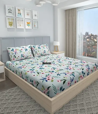 Printed Glace Cotton Elastic Fitted Double Bedsheet with 2 Pillow Covers