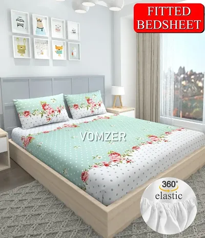 Printed Glace Cotton Elastic Fitted Double Bedsheet with 2 Pillow Covers