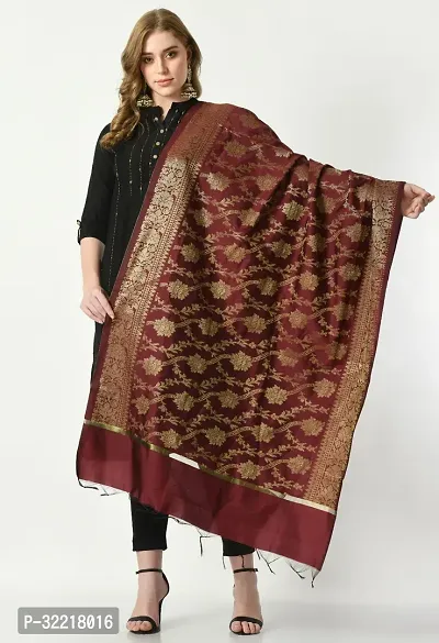 Elite Maroon Silk Woven Design Dupattas For Women-thumb0