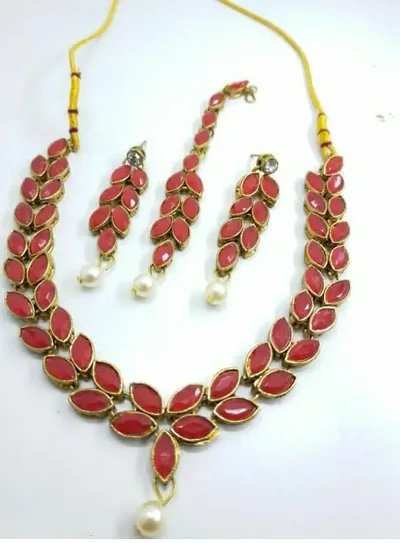 Partywear Alloy Stone Necklace Set with Maangtikka