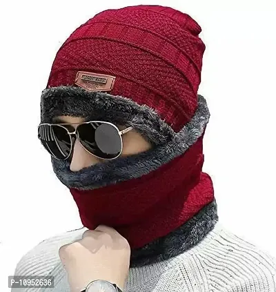 GLAMAXY Men Cap with Neck Scarf Cap, Winter Cap & Neck Scarf with Fleece, Unisex Beanie Cap with Neck Warmer for Men & Women,Thermal Cap,Thick Fluffy Woolen Cap (Maroon)-thumb0