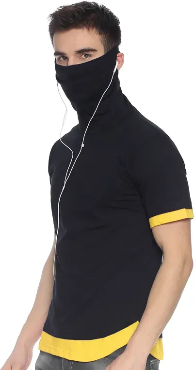 Men's Stylish Hosiery Cotton Spandex Solid High Neck Short Sleeve Mask T-shirt