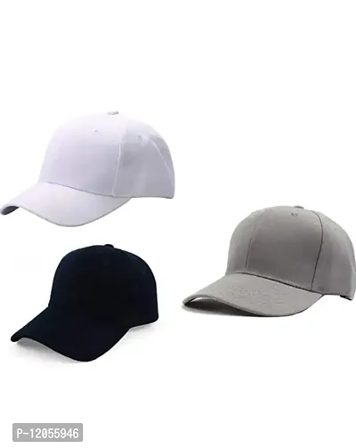 NK India Solid Caps for Men & Women for Sports & Cotton Baseball Cap Pack of 3 (Color-White Black Grey)-thumb0