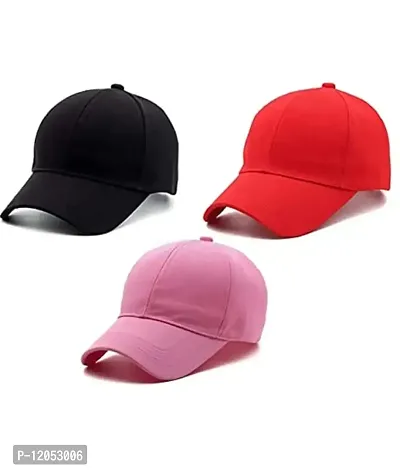 NK India Solid Caps for Men & Women for Sports & Cotton Baseball Cap Pack of 3 (Color-Black Red Pink)-thumb0