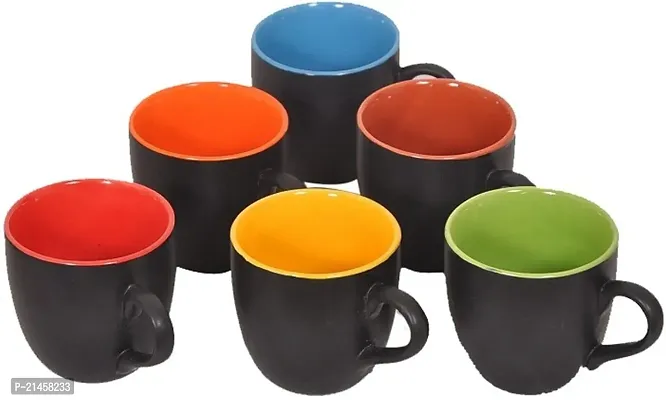 Srs Enterprises Pack Of 6 Ceramic Matte Black And Multicolor Inside Tea Cups Set Of 6 - Best For Self Use; And Diwali, Dhanteras And Festive Gifts (Multicolor, Cup Set)-thumb0