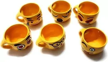 L N C Pack Of 6 Bone China Handmade Stylish Smiley Face Cups Emoji Style Cup Coffee-Tea Cup With Handle Microwave Safe Tea Cup Set Ideal Best Gift For Friends, Family, Home, Office Use, Kitchen Cup Set (Yellow, Cup Set)-thumb1